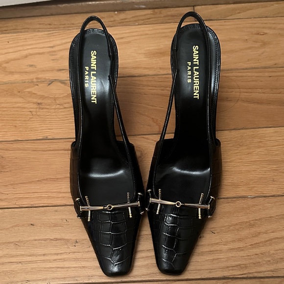 Saint Laurent Black Croc-Embossed Heels - Picture 1 of 5